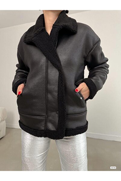 Modafeminen Jachetă cu buzunar cu fermoar cu detalii de pluș 582768 NEGRU