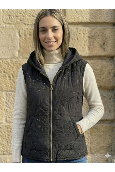 Punta Otantik Nc61585 Shawl Pattern Hooded Quilted Italian Vest Black