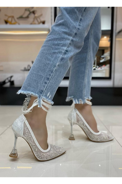 apelles Pantofi Barbie alb cu mărgele și detaliu din tul brodat cu pietre, pantofi cu toc subțire, transparent, subțire