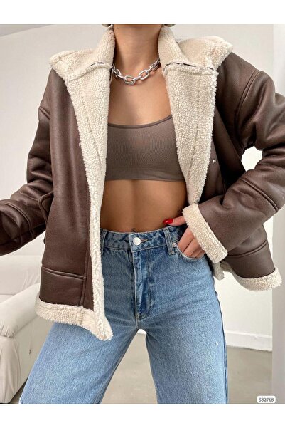 Modafeminen Jachetă cu buzunar cu fermoar cu detalii de pluș 582768 maro
