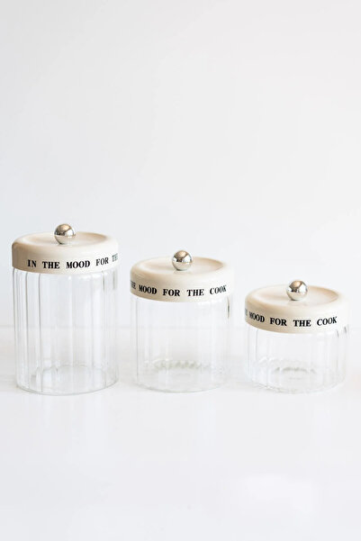 ELZEY HOME Set of 3 Cream Vacuum Lid Motto Glass Jars (850Ml+1100Ml+1400Ml)