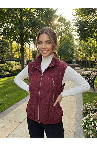 Punta Otantik Nc61581 Shawl Pattern Sequin Turtleneck Quilted Italian Vest Burgundy