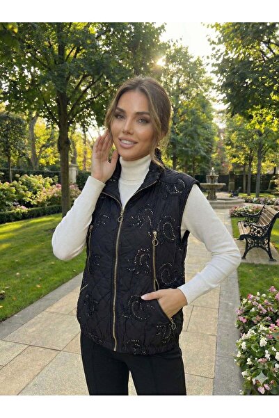 Punta Otantik Nc61581 Shawl Pattern Sequin Turtleneck Quilted Italian Vest Black