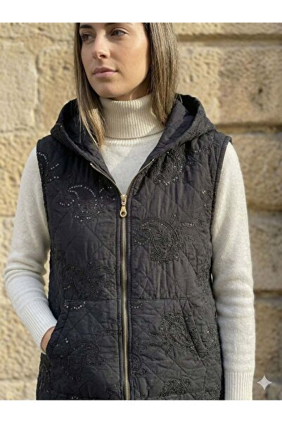 Punta Otantik Nc61585 Shawl Pattern Hooded Quilted Italian Vest Black