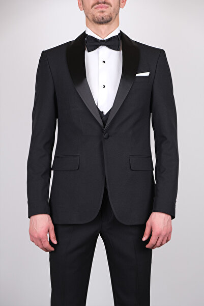 SERKAN SEVİNÇ Slim Fit Erkek Şal Yaka Krep Kumaş Yelekli Smokin