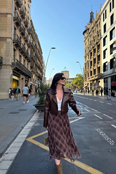 Sorridi Kahverengi Ekose Desenli Asimetrik Kesim Etek