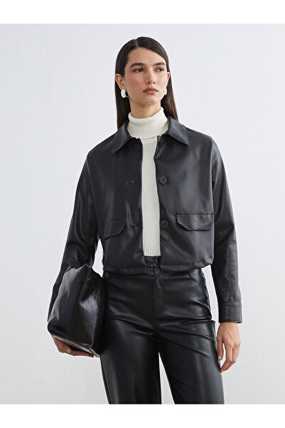 LC Waikiki سترة نسائية ذات مظهر جلدي بياقة قميص أسود