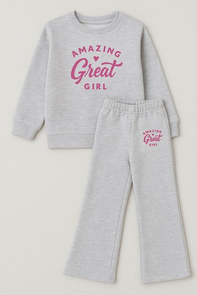 MONARCHMODA Crew Neck Girls' Sweatshirt and Sweatpants Set (Silvery Printed 3 Ii̇pli̇k Şa Fleece-Lined Umaş)
