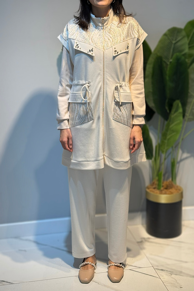 Lale Butik Women's Vest Pants Jacquard Detail Set 7303 Ecru