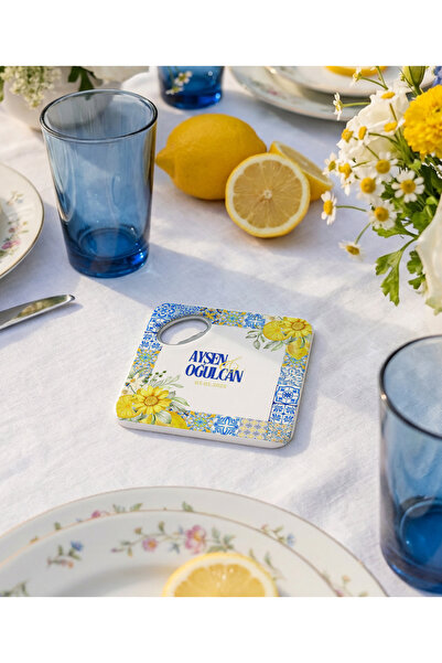 arslart Sarı çiçekli mavi çinili kişiye özel magnet açacak & bardak altlığı, ...