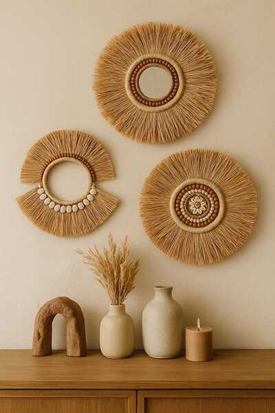 bemdesign Doğal Rafyadanüçlü Set, Bohem Ev Bahçe Ve Duvar Süsü, Duvar Aksesua...