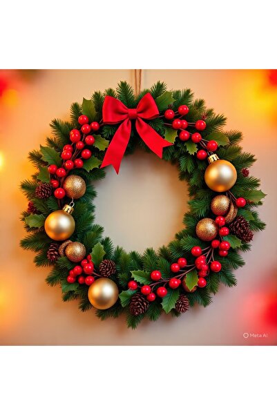 Diana Accessory Yılbaşı Kapı Süsü 28cm Çelenk Kozalak -yılbaşı renkli top fiyonk detaylı ÖZEL TASARIM