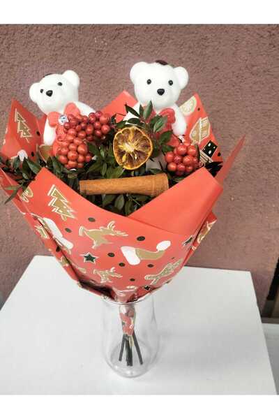 kurt41 Kokina Çiçeği Buketi Lüxe Seri Yılbaşı Hediyesicanlı cam vazolu