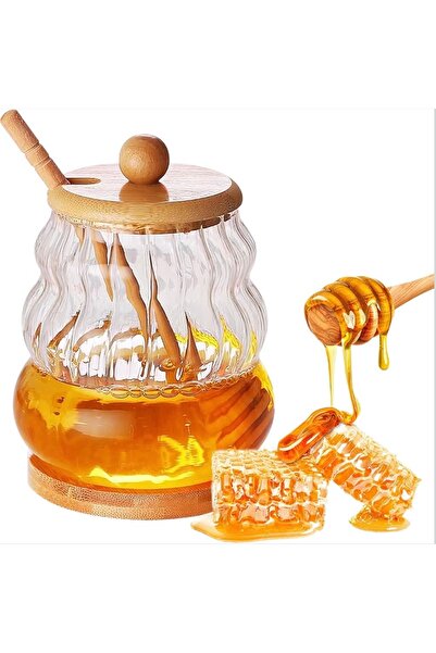 İthal Modern Glass Honey Jar with Bamboo Lid and Bamboo Spoon