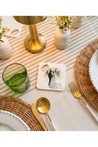 arslart Gelin damat illüstrasyonlu kişiye özel magnet açacak & bardak altlığı...