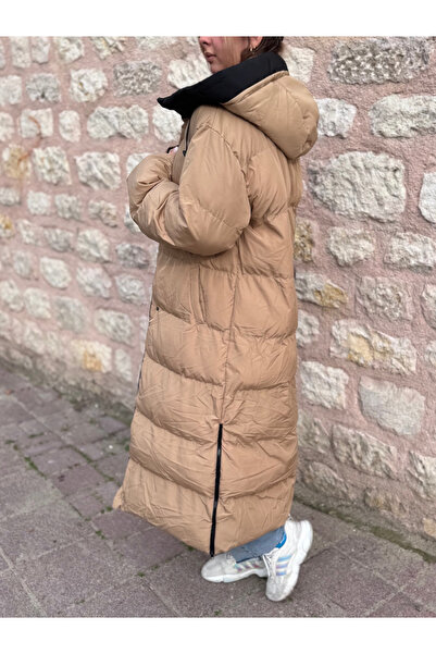 PELTEX Beige Midi Length Puffer Coat with Hood Detail