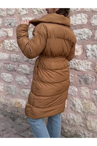 PELTEX Tan Knee Length Belted Puffer Jacket