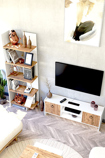 interGO Kapaklı Raflı Tv Ünitesi ve Asimetrik Beş Raflı Kitaplık