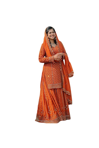 MYSMAR Orange Georgette Kurti Palazzo & Dupatta Set- HRT2219 | Orange
