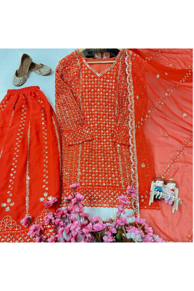 MYSMAR Orange Georgette Kurti Palazzo & Dupatta Set- HRT2219 | Orange