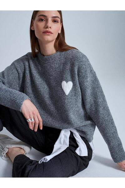 Dilvin 10837 Wool Blend Heart Sweater-Smoked M.