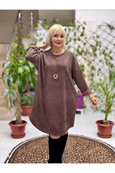 Punta Otantik NC25158 Кафеникава италианска кадифена рокля с колар и колие