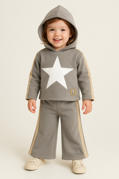 Çeşme Home Girl's Hooded Star Printed Soft Fleece Lined Tracksuit Set – Gray