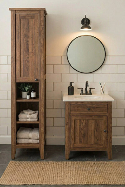 AdnDesing Banyo Dolabı Boy Dolabı-Ayaklı Tek Kapaklı-Doğal Ahşap Ladin Çam Rustik Ceviz-Boy Dolabı