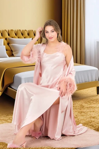 lidofya Peluş Detaylı Pembe Saten Gecelik Sabahlık Takım