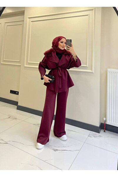MODİVA MİX Kadın Kürk Yakalı Kuşaklı Şık Scuba Takım - Tesettüre de Uygun