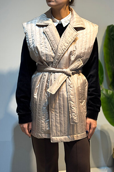 Lale Butik Quilted Belt Detail Vest 51258 Beige