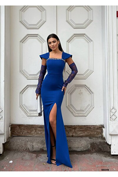 zoezoe Yeni Dantel Kollu Yaka taş detaylı midi arkadan yırtmaç detaylı düğün/davet/mezuniyet/söz elbisesi