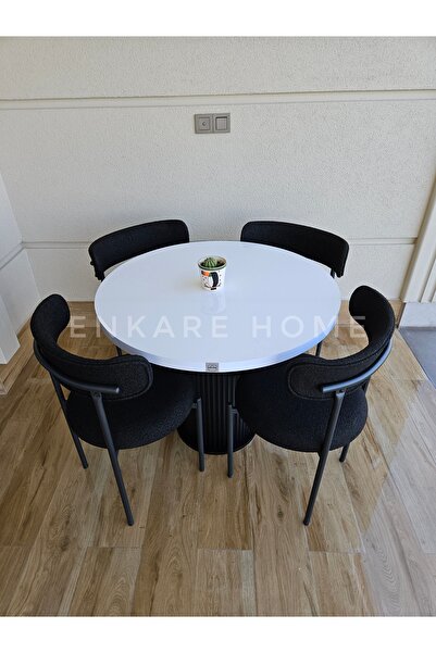 Enkare Sur Yuvarlak Masa ve 4 Adet Elisa Teddy Sandalye - 90 cm MDF Sütun Man...