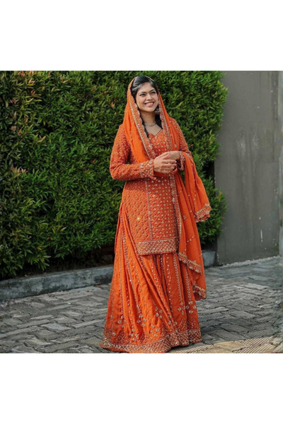 MYSMAR Orange Georgette Kurti Palazzo & Dupatta Set- HRT2219 | Orange