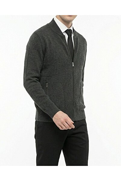 TerziAdemAltun Italian Style Men's Zipper Cardigan Anthracite T13147