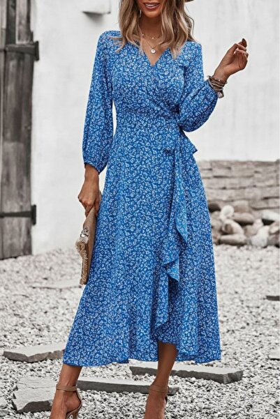 JANES Kadın Uzun Kollu Kruvaze Yaka Yandan Bağlamalı önden Fırfır Detaylı Süp...