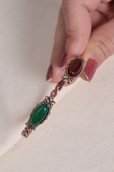 Süspüs Accessories Green Agate and Brown Agate Stone Braided Model Copper Bracelet