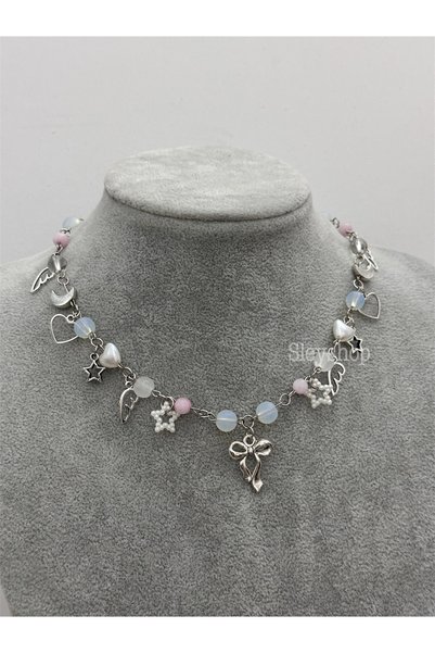 sleyshop Pink Quartz Opal Moonstone Natural Stone Ribbon Necklace