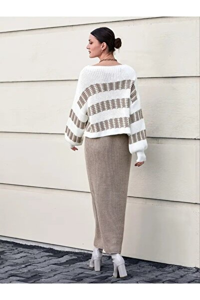 Giyimodam Women's Long Sleeve Boat Neck Casual Knitwear Blouse and Skirt Two-Piece Set