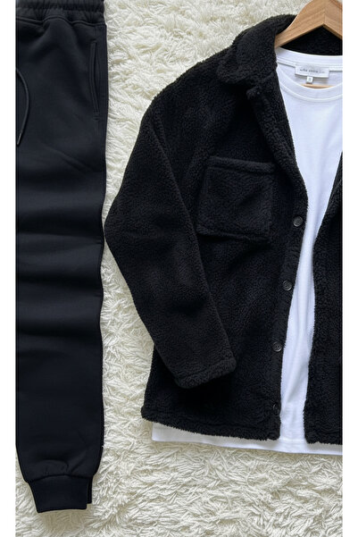 Fifty Color Trend, Men'S, Black, Teddy Sherpa, Plush, Fleece, Jacket, Black, Jogger Sweatpants