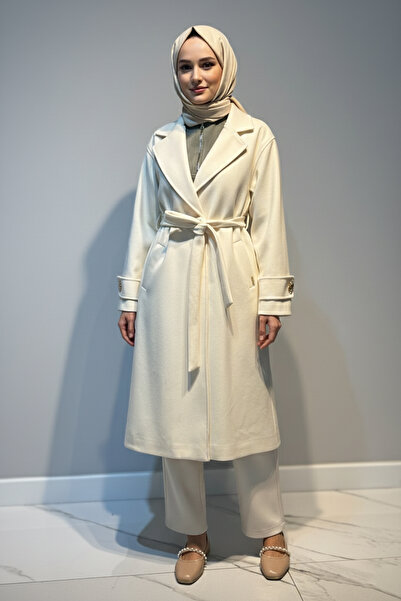 Lale Butik Women's Button Detail Cashmere Coat 6346 Ecru