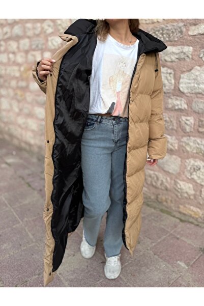 PELTEX Beige Midi Length Puffer Coat with Hood Detail