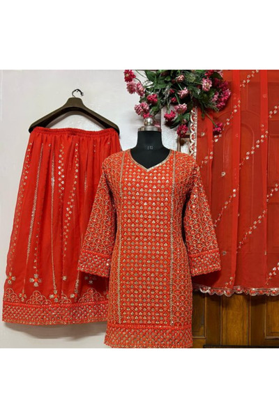 MYSMAR Orange Georgette Kurti Palazzo & Dupatta Set- HRT2219 | Orange