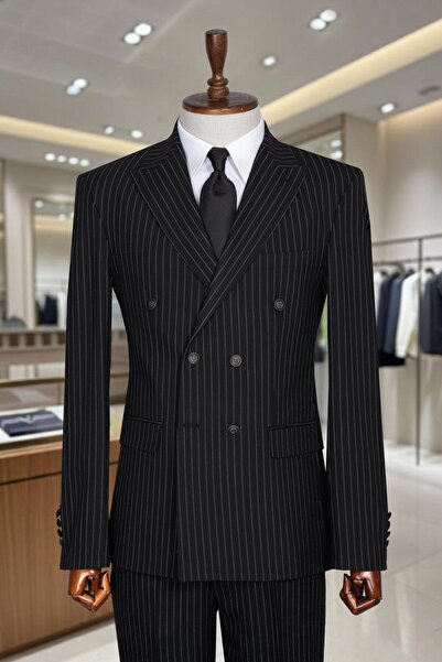 Salihtarzz İtalyan Kesim Slim Fit Çizgili Siyah Kruvaze Takım Elbise – SD42308