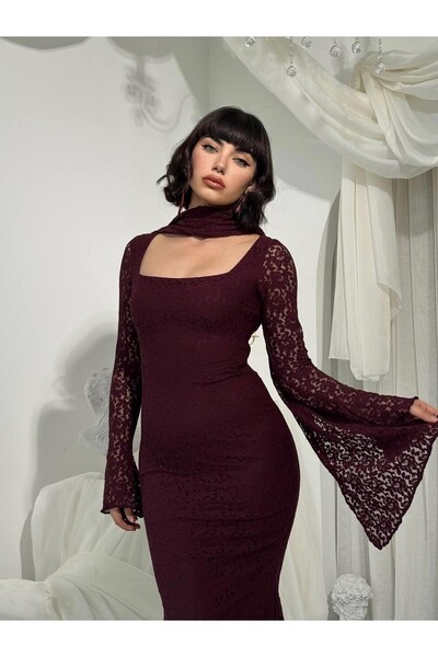 Julidress Rochie lungă maxi din dantelă premium cu decolteu pătrat căptușeli ...