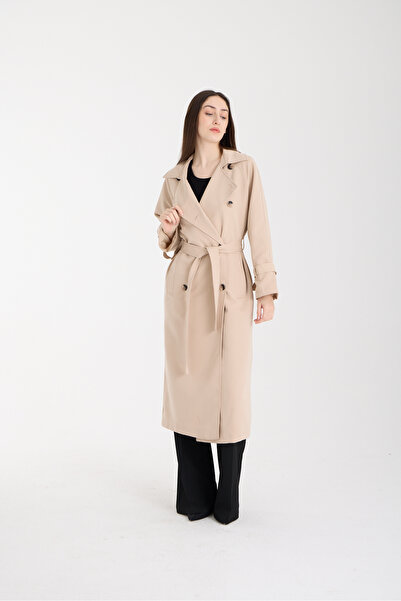 Bolivente Beige Button Detailed Oversized Belted Trench Coat