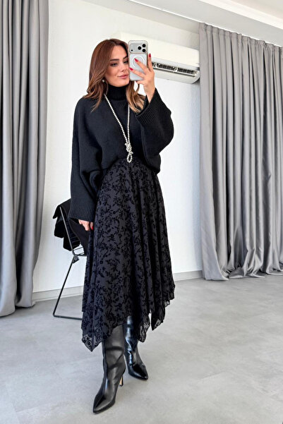 khar Asimetrik Flok Baskılı Skater Esnek Tül Örme Etek