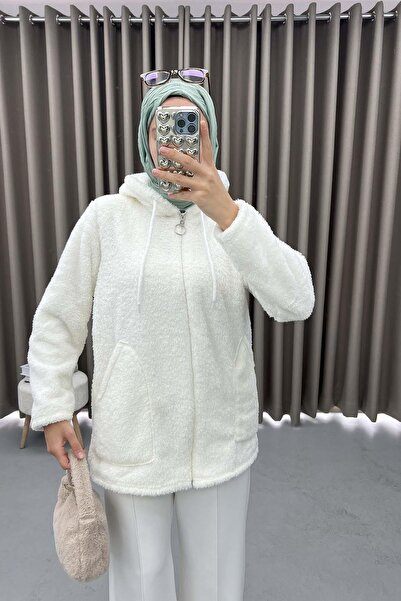 Sublime Butik Fermuarlı Kapüşonlu Beyaz İçi Dışı Peluş Astarsız Hırka