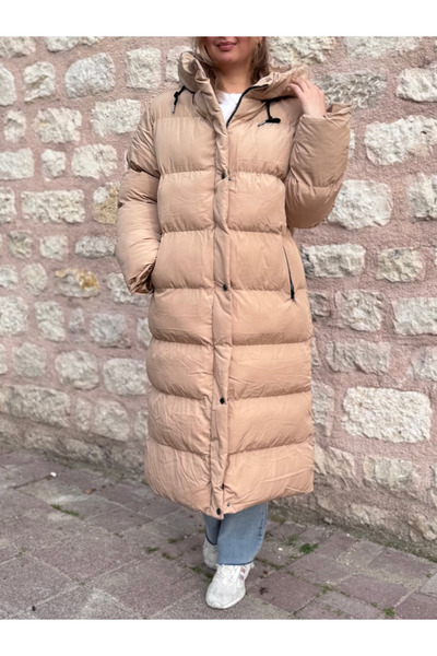 PELTEX Beige Midi Length Lace-Up Puffer Coat