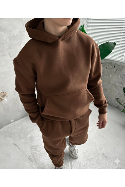 NİCE Brown Three Thread Compact Hooded Inside Cotton Premium O Oversized Tracksuit Bottom Top Set